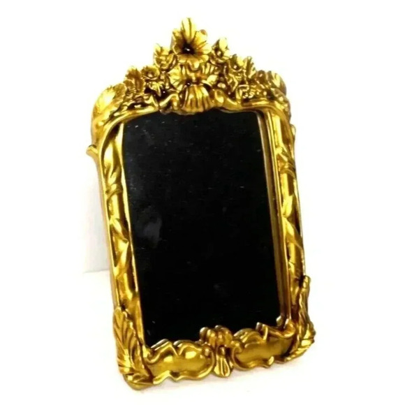 Vintage ORNATE Gold Hollywood Regency Floral Easel Back Table Top Mirror 5" X 9" - Picture 1 of 4